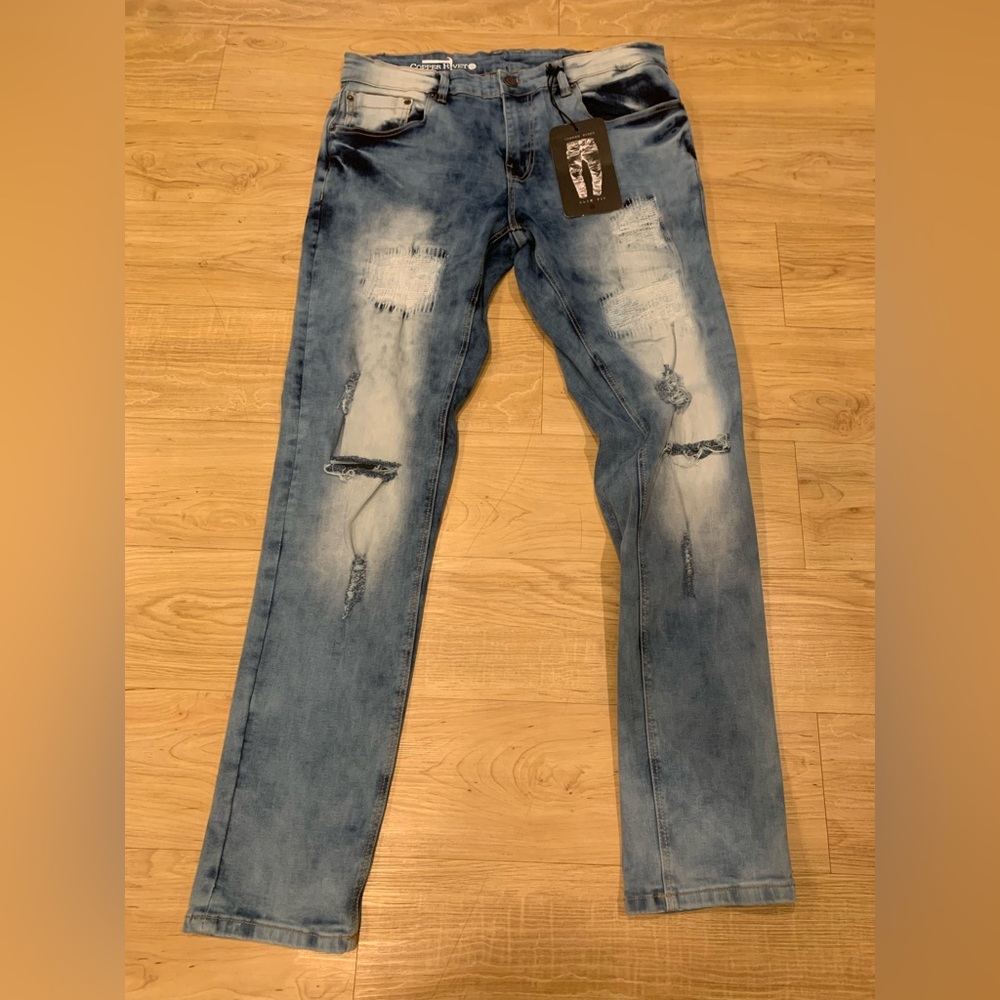 Copper Rivet Men’s Slim Fit Distressed Tapered Leg Biker Jeans NWT Blue 34x32